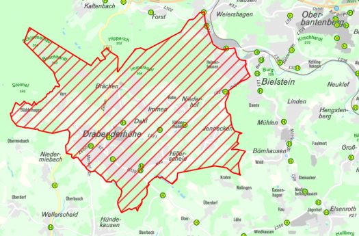 Das festgelegte Sperrgebiet rund um Drabenderhöhe. Quelle: www.obk.de/sperrbezirk1