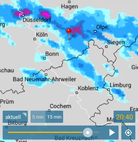 Laut Regenradar ist in Drabenderhöhe gegen 20:40 Uhr mit dem Höhepunkt des Unwetters zu rechnen